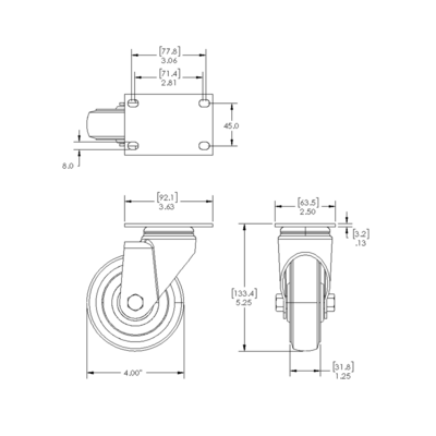 31-SPD4-5 MODULAR SOLUTIONS ALUMINUM CASTER<br>4" SWIVEL TOP PLATE W/ HARDWARE